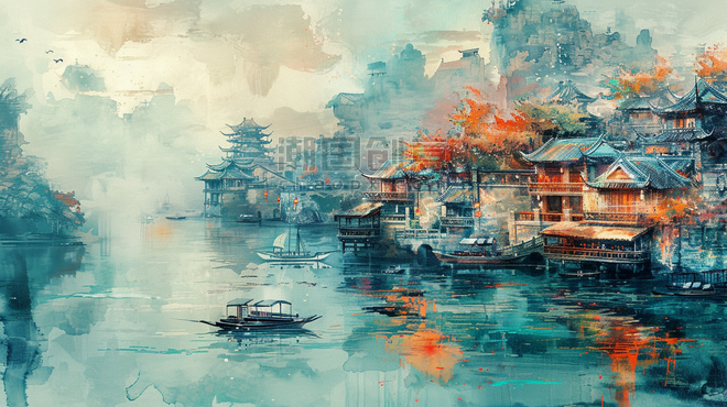 创意彩色手绘绘画山水风景水彩旅游水乡古镇的插画