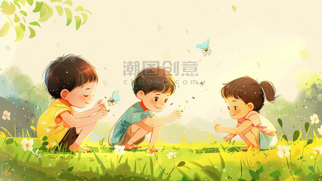 儿童节彩色户外草坪上儿童玩耍的插画