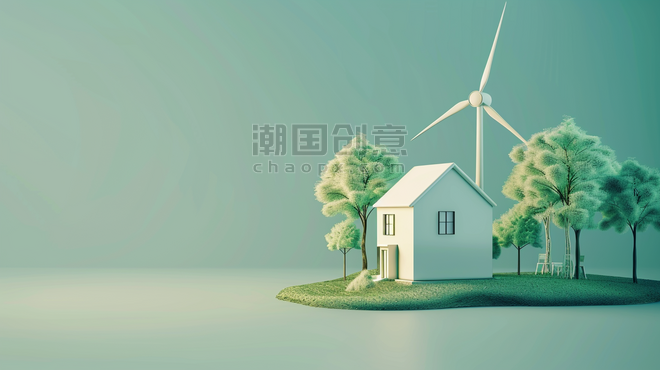 创意清新唯美立体3D立体环保风车新能源房屋