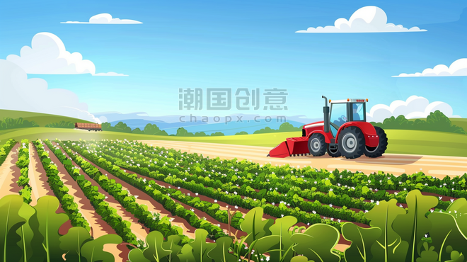 创意彩色手绘绘画田野里农业春耕拖拉机的插画