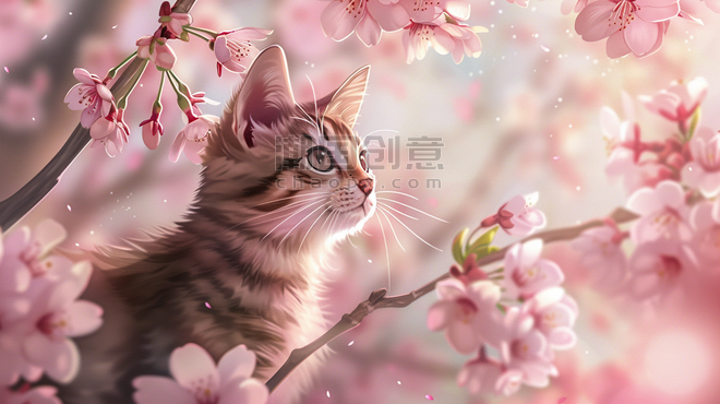 唯美粉色花瓣花朵场景下猫咪动物的樱花插画