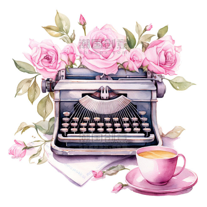 创意花朵浪漫文艺粉色玫瑰下午茶元素免抠图案