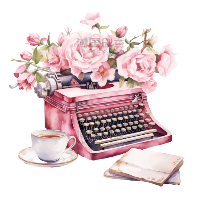 创意花朵打字机元素浪漫文艺粉色打字机玫瑰下午茶免抠图案