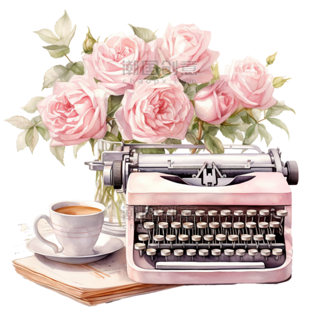 浪漫文艺粉色打字机玫瑰下午茶创意花朵打字机元素免抠图案