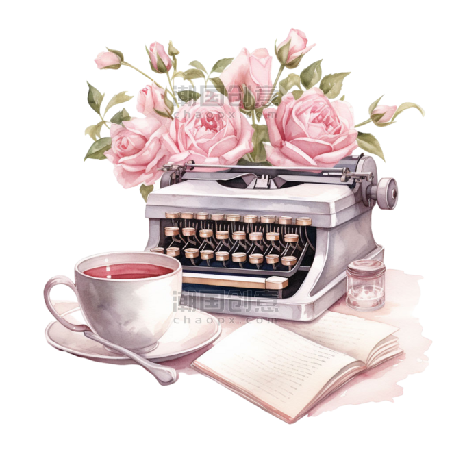 浪漫文艺粉色玫瑰下午茶创意花朵打字机元素免抠图案