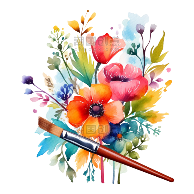 创意水彩花朵文艺花朵画笔元素免抠图案