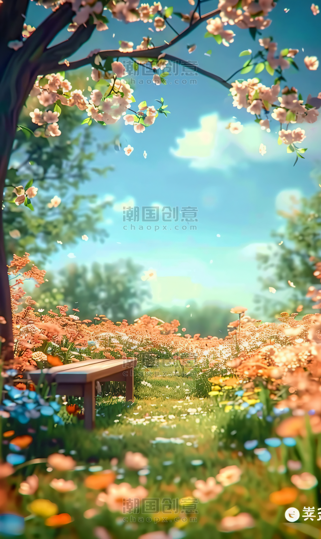 创意木凳花篮浪漫温馨清新露营野餐蓝天阳光春天背景图像