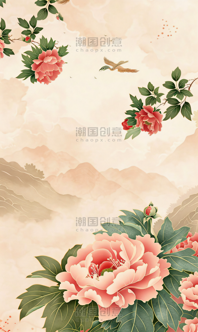 创意中国风山水牡丹花植物花朵国画背景