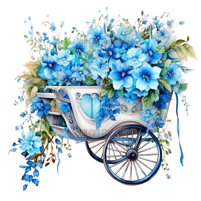 创意花朵蓝色童话梦幻春天浪漫马车四轮花车元素免抠图案