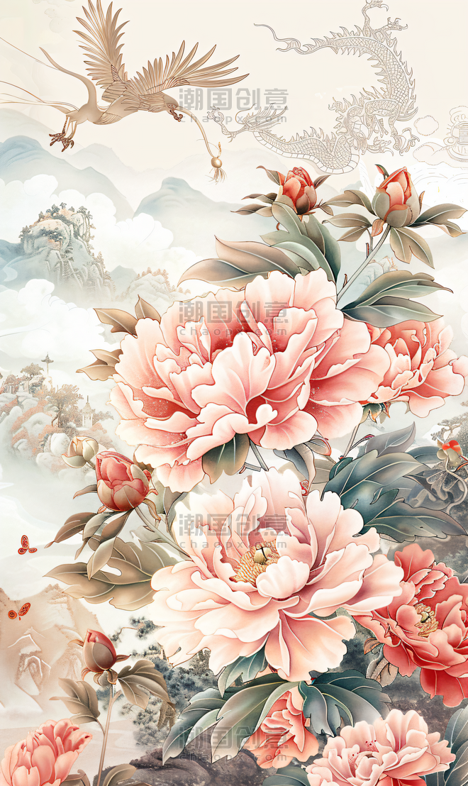 创意中国风山水植物花朵国画牡丹花背景