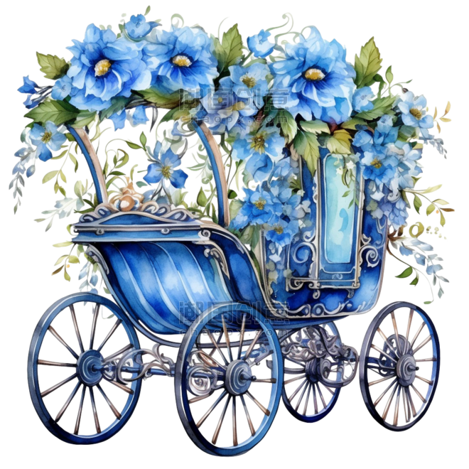 花朵蓝色童话梦幻春天浪漫马车四轮花车元素免抠图案