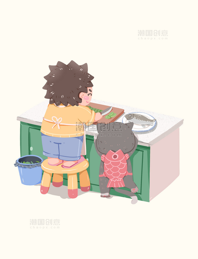 儿童学生劳动做菜下厨炒菜烧鱼元素职业人物洗碗