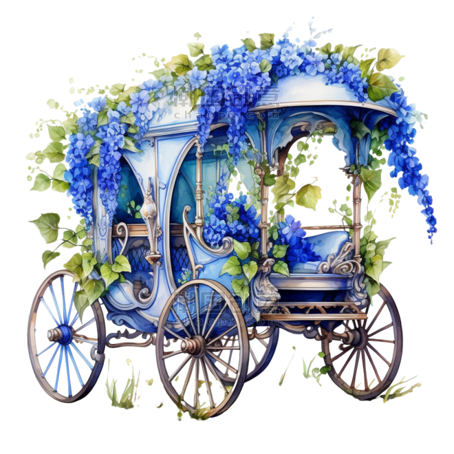 创意四轮花车花朵蓝色童话梦幻春天浪漫马车元素免抠图案