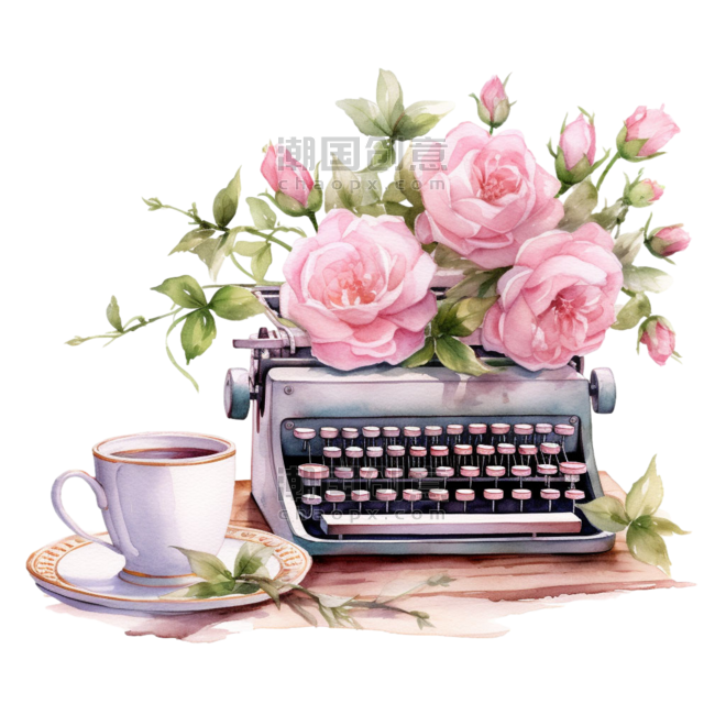 创意浪漫文艺粉色打字机玫瑰下午茶花朵打字机元素免抠图案
