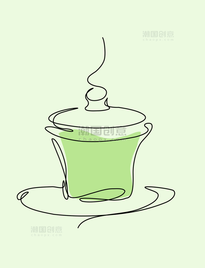 简约一笔画线条茶杯抽象茶艺茶道