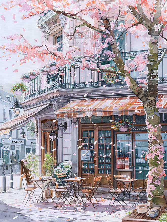水彩创意樱花盛开街角咖啡店插画素材春天美景