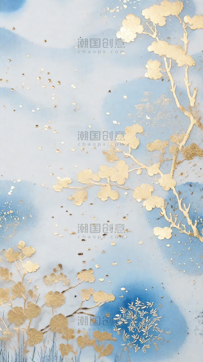创意中式刺绣传统国风花卉刺绣纹理蓝色金箔背景9