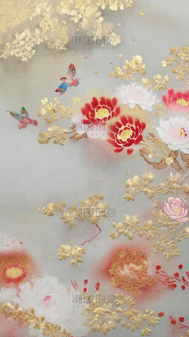 创意金色中式刺绣传统国风花卉刺绣纹理背景15