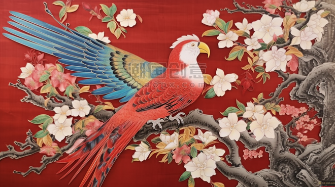创意国画刺绣鹦鹉鸟绘画图