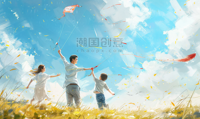 创意亚洲人一家三口在草地上放风筝儿童节春天旅游出游踏青露营