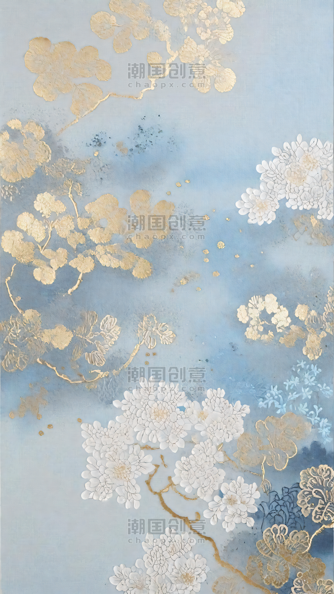 创意中式刺绣传统国风花卉刺绣纹理蓝色金箔背景