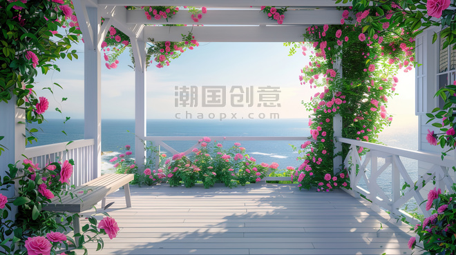 创意唯美海边花朵凉亭的空境窗台海边大海风景