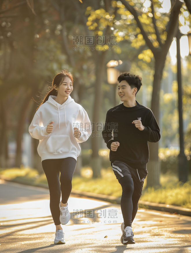 创意亚洲人青年情侣户外慢跑体育运动人物