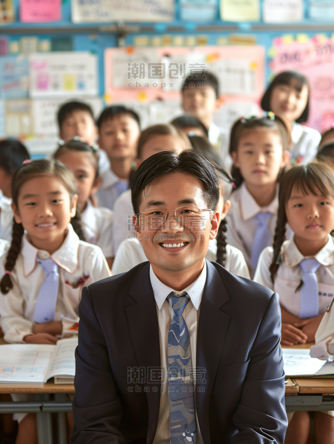 创意亚洲人老师和小学生们在教室里人物儿童节童年学习学生老师微笑开心