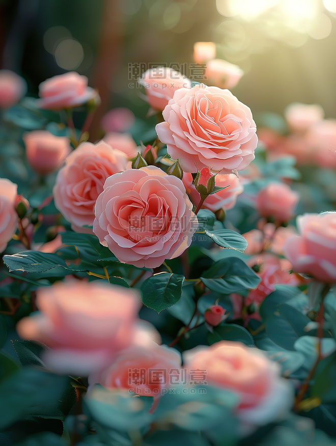 植物花朵蔷薇创意粉红色的玫瑰园春天浪漫摄影照片
