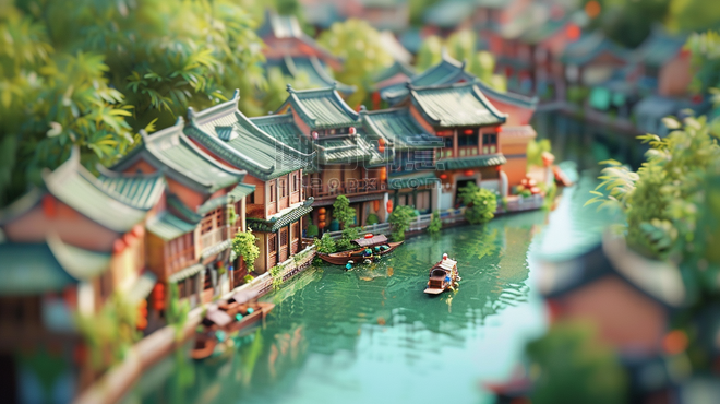 创意彩色清新江南建筑水乡小船的旅游微景观