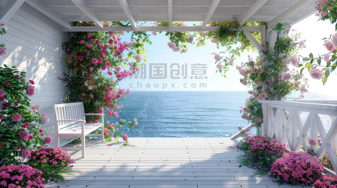 创意唯美海边花朵凉亭的摄影高清浪漫海边大海风景