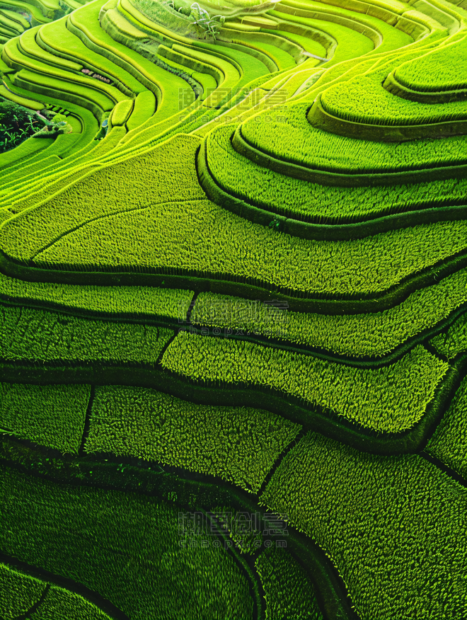创意农田梯田植物航拍美丽乡村农业稻田绿油油的禾苗
