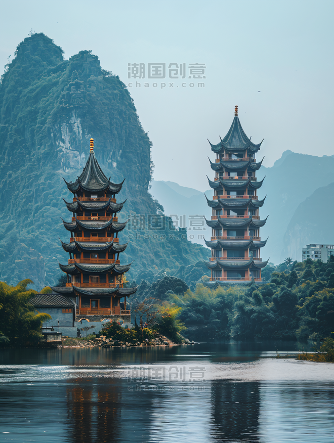 创意广西桂林日月双塔中国优雅美丽