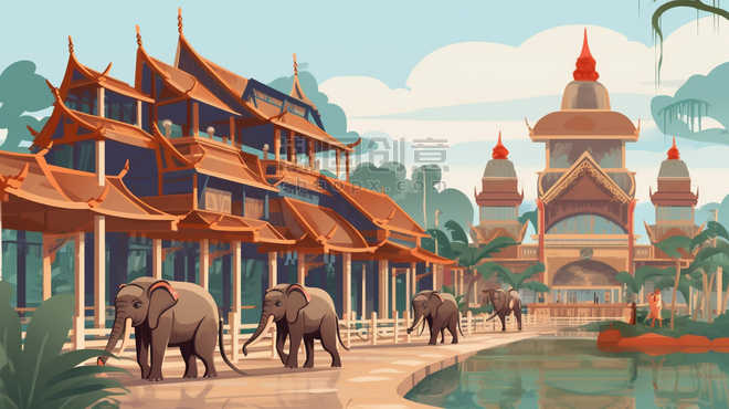 创意扁平风泰国建筑大象插画泰姬陵