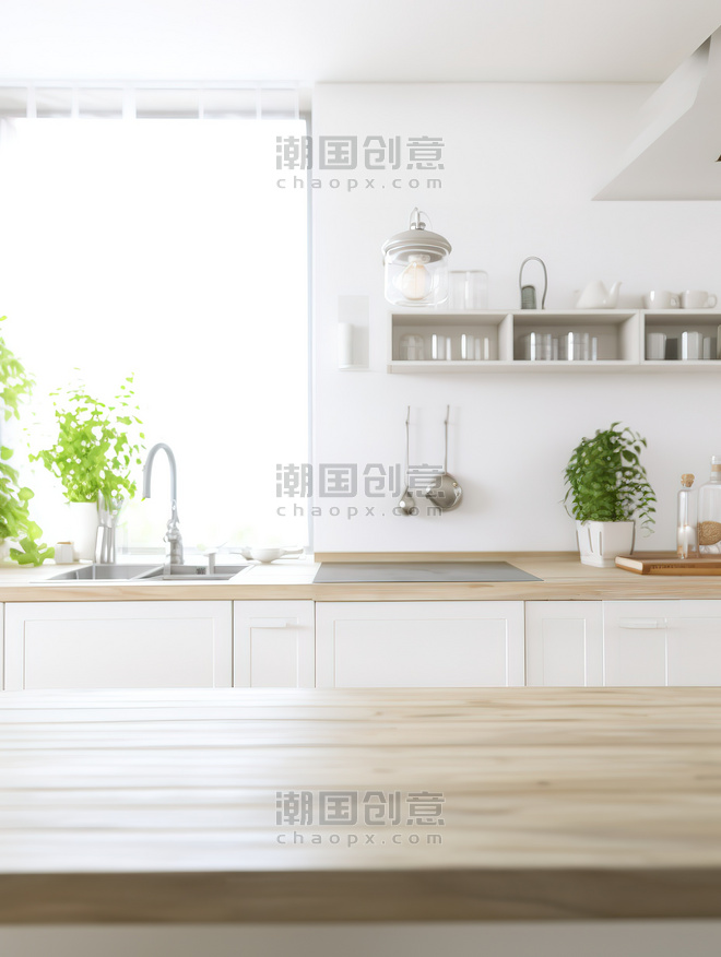 创意干净的厨房绿植干净明亮桌子产品摄影背景