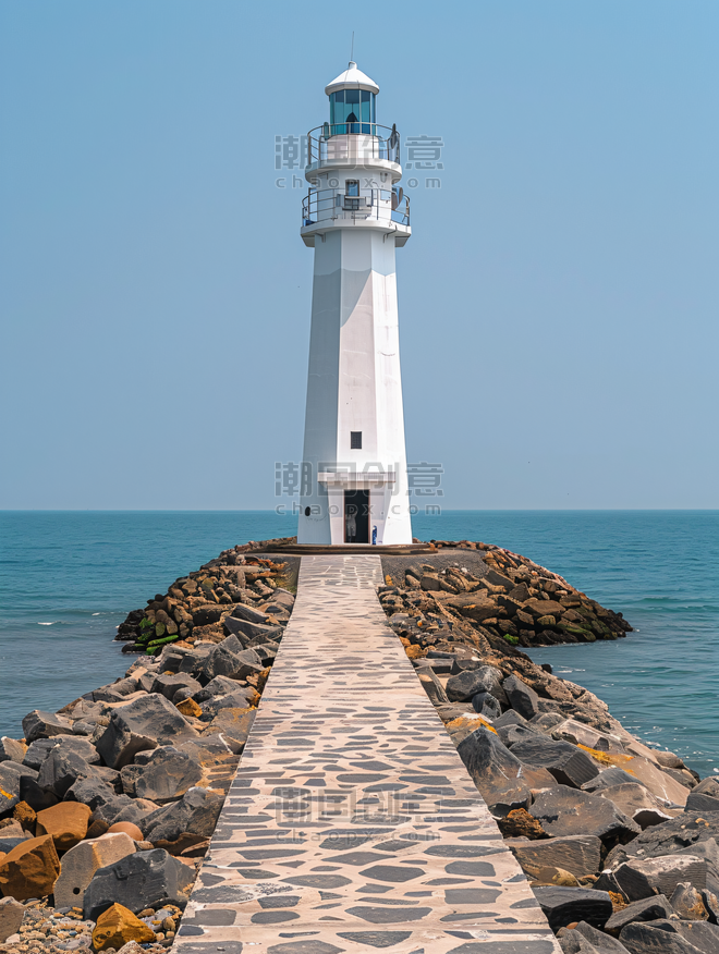 夏天夏季旅游风景创意日照海边灯塔摄影图