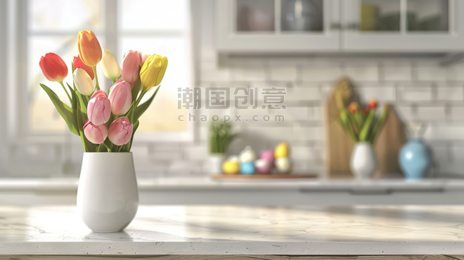 创意白色厨房桌面上花瓶花朵的温馨桌面简约产品展示背景摄影