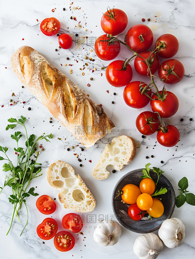 创意美食烘培西餐小番茄面包摄影图
