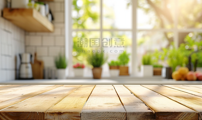 创意明亮的厨房干净的桌面木板木质木桌产品展示背景