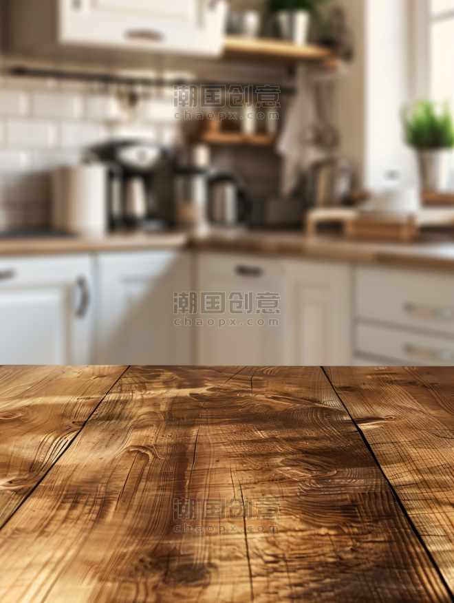 创意空的木桌和模糊的厨房桌面产品展示背景