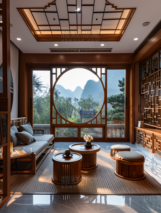 创意莫干山民宿酒店内景中国风新中式茶室