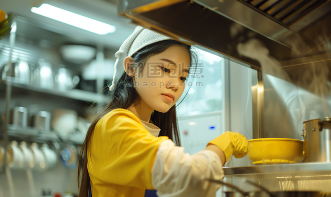 创意亚洲人青年女人擦洗油烟机厨师