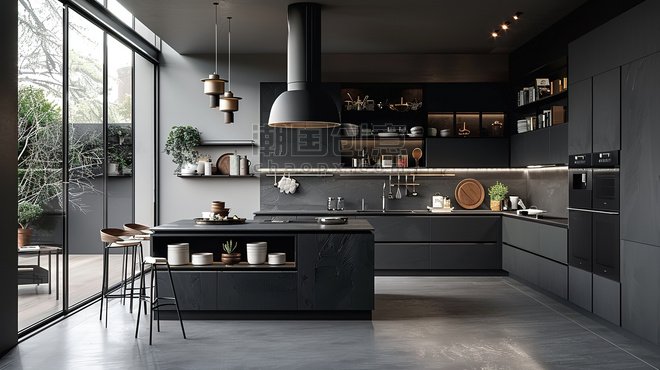 创意深灰色开放厨房橱柜高清高端现代化室内装修