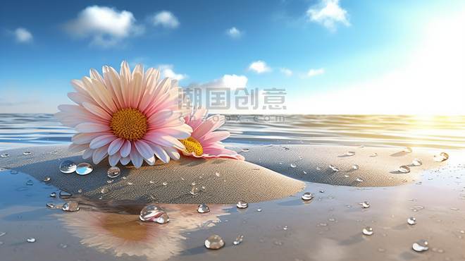 夏天夏季大海花朵海边沙滩透明爱心