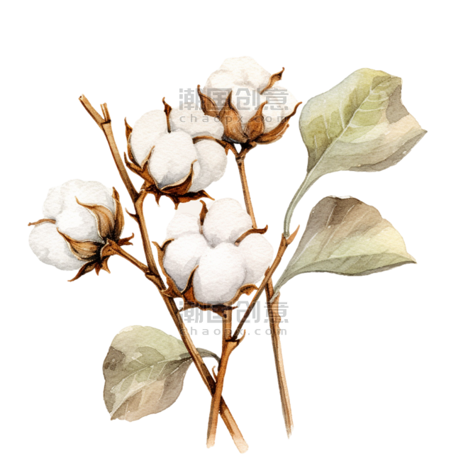 创意水彩一束棉花植物花朵植物农作物免扣元素