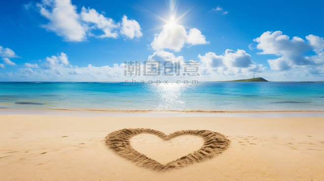 创意情人节场景海边沙滩上的爱心夏天夏季大海设计