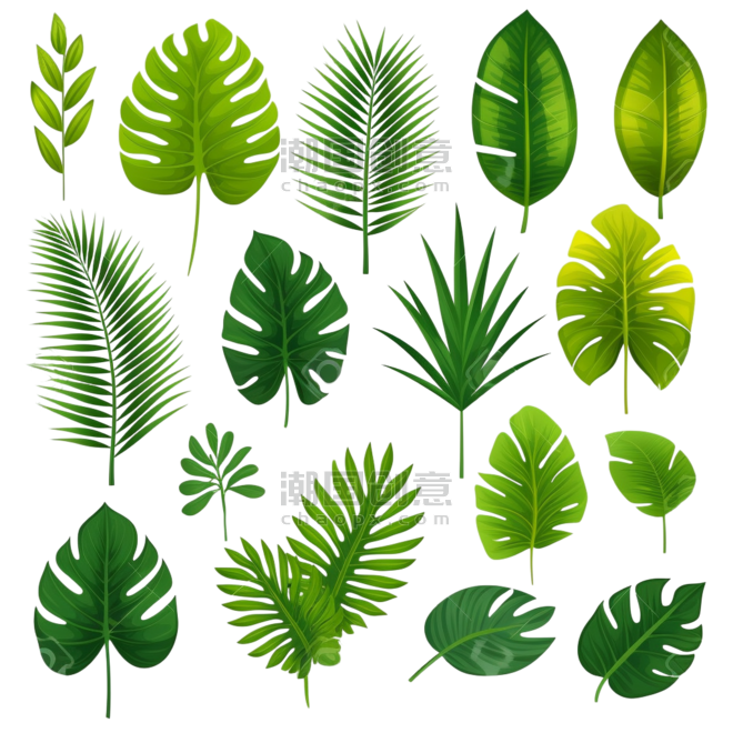 夏天植物分离的不同绿色热带棕榈叶的向量集