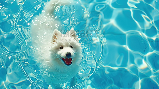 创意动物宠物萨摩耶一只小狗在泳池游泳图片