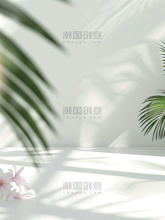 简约电商展台空荡荡的房间鲜花和棕榈叶的影子背景