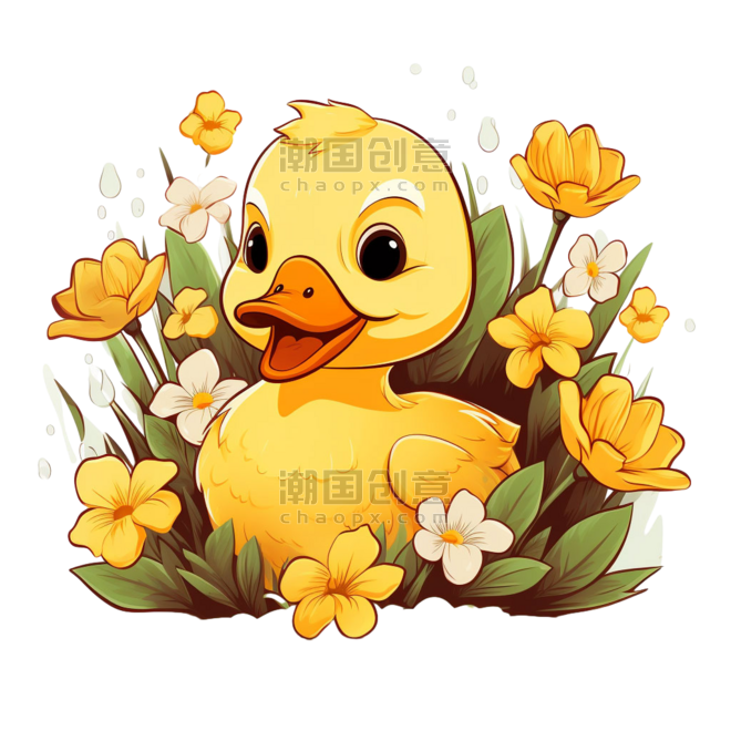小黄鸭花朵元素免抠图案卡通动物童话拟人